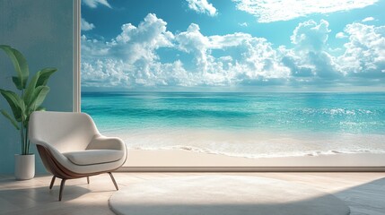 Luxury armchair by a seamless glass window, breathtaking view of a turquoise ocean and white sandy beach