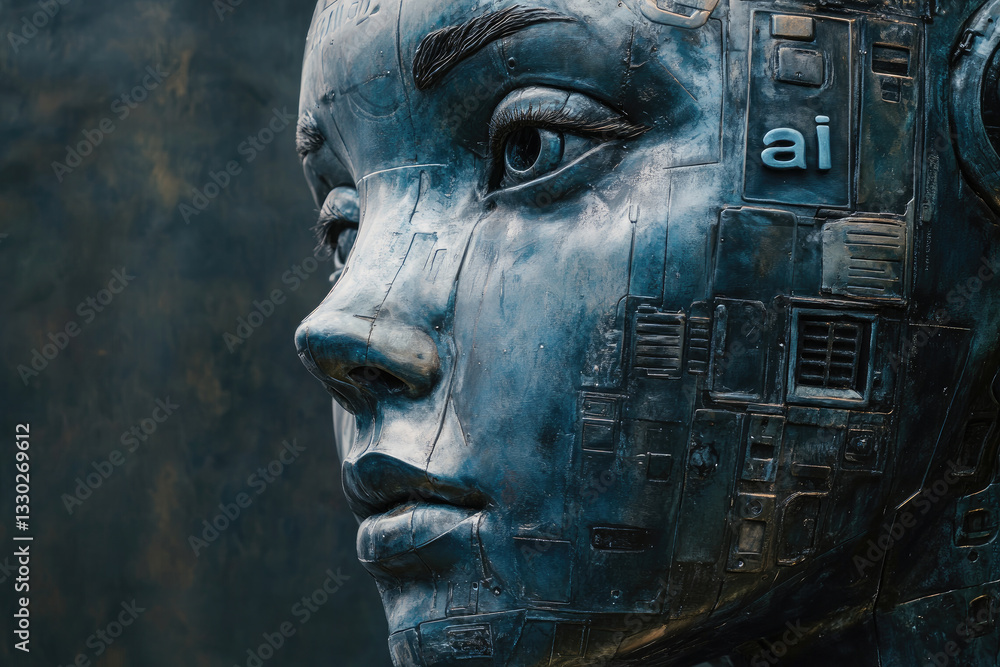 Poster cybernetic ai humanoid robot with futuristic mechanical face,artificial intelligence interface. conc