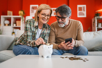 Mature couple count money from the piggy bank and save money together
