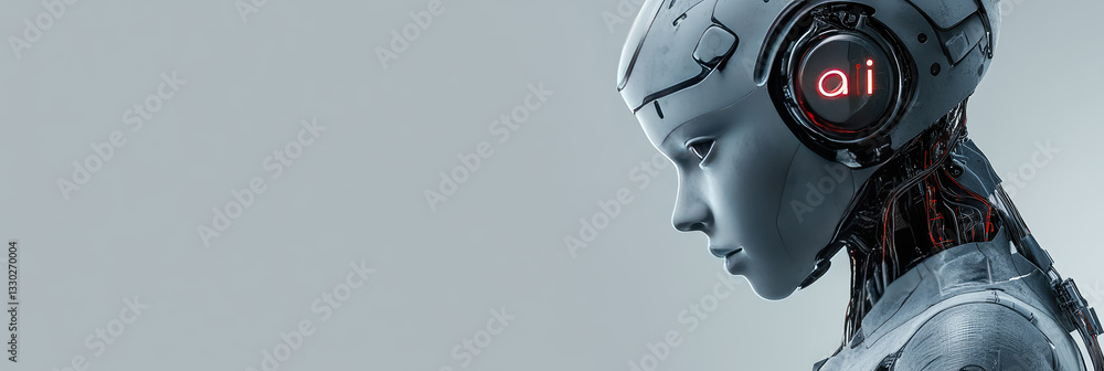 Poster cybernetic ai humanoid robot with a futuristic mechanical face,detailed metallic design,artificial i