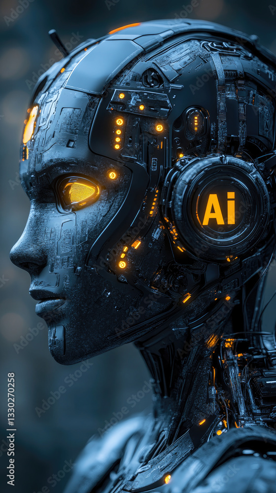 Poster close-up of a cybernetic ai humanoid robot with futuristic mechanical face,detailed metallic design,