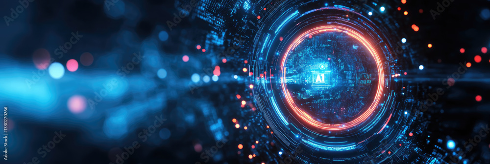 Poster futuristic ai interface glowing digital core,surrounded byhigh-tech cyber network.concept of artific