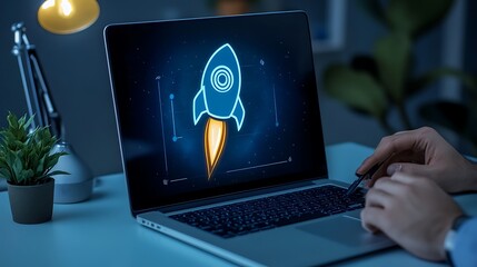 Laptop Screen Showing Rocket Launch Illustration - Nighttime Desk Setup AI Generated