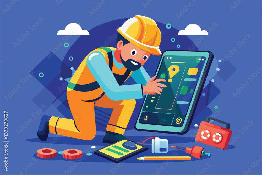 Aufkleber a worker is fixing software problems on a smartphone, using tools and tablets in a tech workshop, th