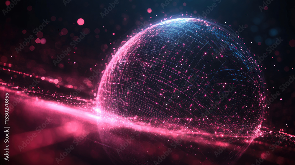 Poster glowing digital sphere surrounded by pink energy waves in a futuristic cyber environment. concept of