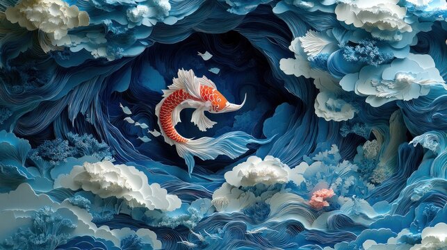Magical mermaid kingdom in a deep-sea world, elegant layered paper cut art