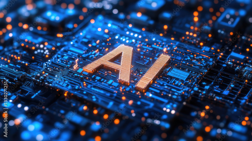 Poster high-tech ai processing chip integrated into a futuristic motherboard with glowing circuits. concept