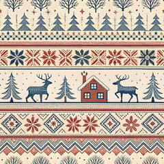 Cozy winter motif featuring fair isle patterns with trees and reindeer