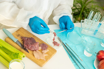 laboratory testing of different food products. Selective focus.
