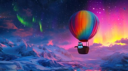 Penguin in a hot air balloon over a snowy landscape at night, vibrant aurora borealis