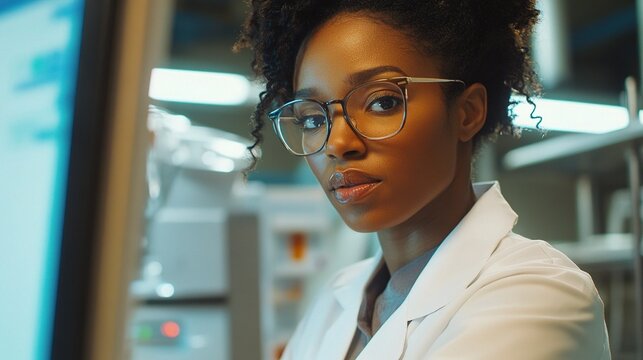 Confident Black Female Doctor in Lab Coat Wearing Glasses in Laboratory