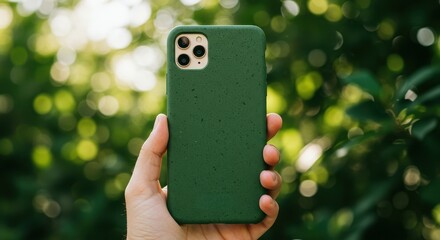 A person holds a green phone case up against a vibrant green backdrop of nature