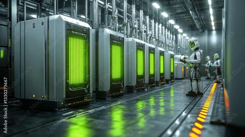 Poster robots maintain futuristic data center with glowing servers