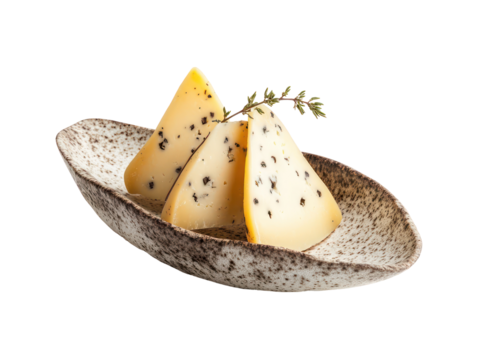 A close up of cheese wedges on a decorative plate with an herb garnish on display.
