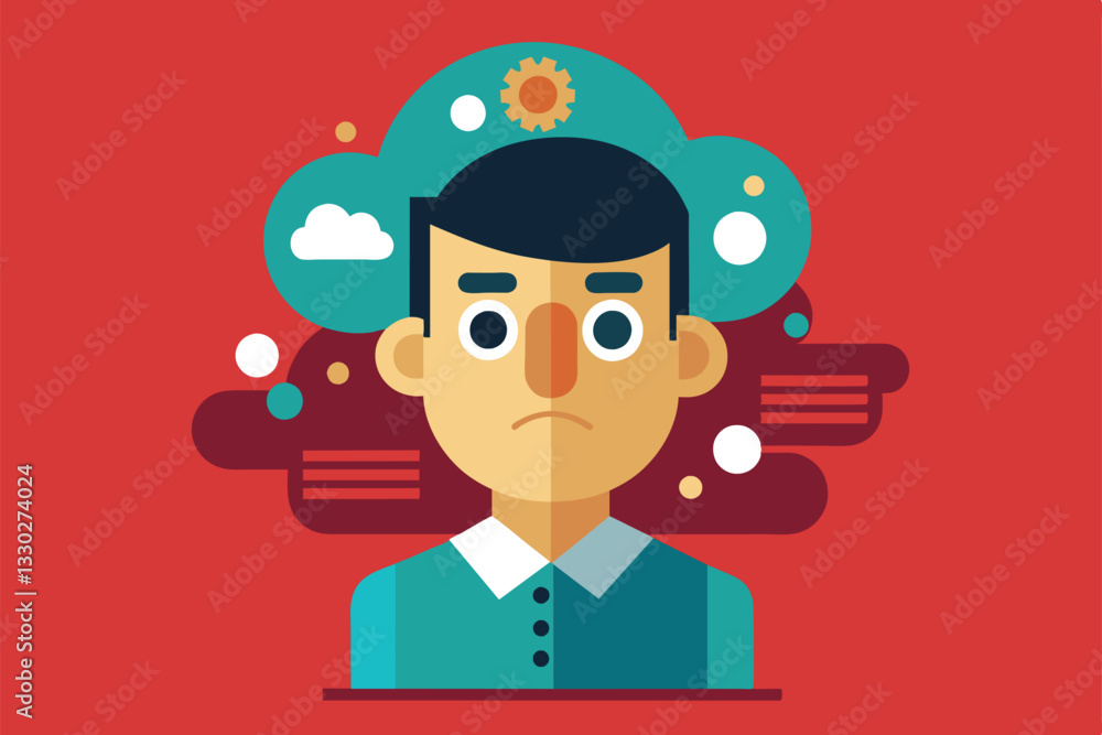 Poster a flat design shows a person deep in thought with colorful abstract elements in the background, thin