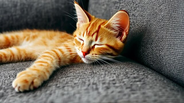Orange tabby cat sleeping soundly on a gray sofa during the daytime, showing its cute face and striped fur pattern