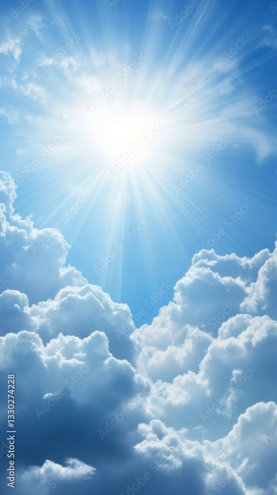Poster sun rays shining through white clouds in a beautiful blue sky, creating a peaceful and hopeful atmos
