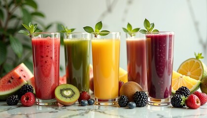 Colorful fruit smoothies in glasses with fresh fruits and mint leaves on a marble countertop