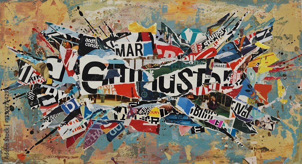 Fototapete assemble a dynamic collage combining hand-cut images, textures, and typography. incorporate elements