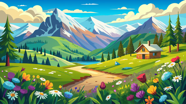 Idyllic mountain scenery in the Alps with blooming meadows in springtime