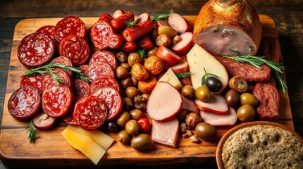 Image of assorted sausage products with the addition of decorative elements.