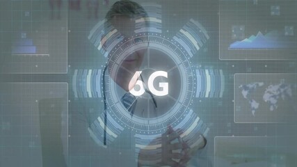 Digital interface with 6G technology concept overlaying business professional in office - Powered by Adobe