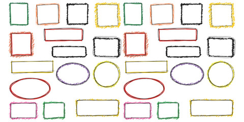 Hand drawn doodle color frame set a collection of hand drawn doodle frames in various colors. Includes box, square, rectangle, and circle shapes with brush pen strokes and scribble-style elements. 