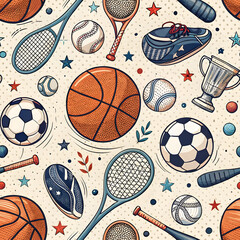Sports themed patterns featuring various balls and equipment create vibrant design