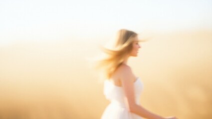 Blonde woman enjoys summer freedom on a blue ocean beach, full blurred, Generative AI