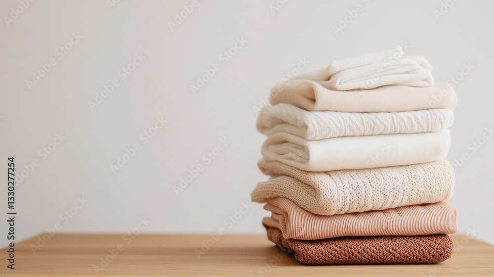 Poster neatly stacked towels in soft neutral tones arranged on a wooden surface for a calming aesthetic in 