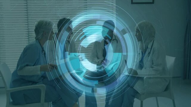 Discussing with digital interface overlay, medical team collaborating in hospital setting