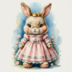 Obraz premium Cute bunny dressed in a pink gown with a crown poses in a floral garden under soft pastel colors