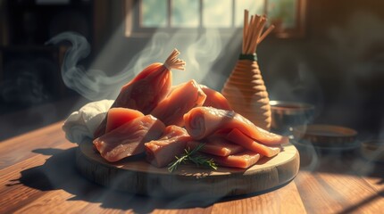 Image of assorted sausage products with the addition of decorative elements.