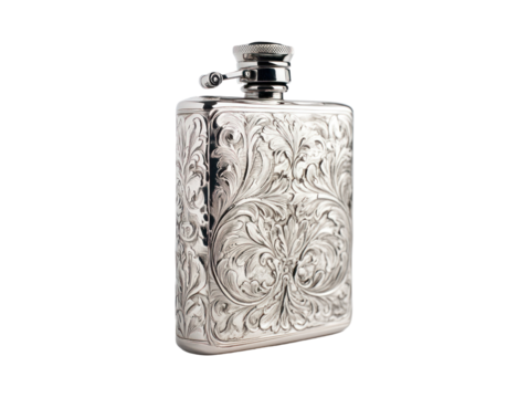 This image features a silver flask with an intricate floral design. It is a refined and decorative object.