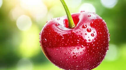 Ripe cherry with glossy red skin and water droplets, green stem, isolated on blurred background. Freshness and natural beauty in focus.
