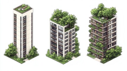 Three modern buildings with lush greenery on rooftops, showcasing eco-friendly architecture and urban sustainability.