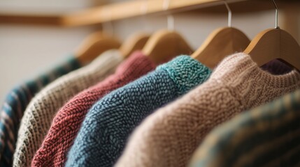 Colorful knitted sweaters displayed on hangers in a cozy boutique setting during autumn season