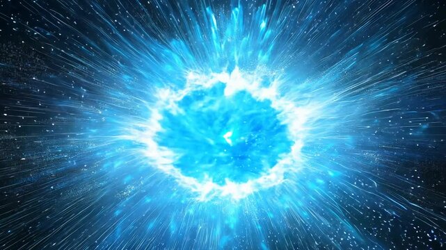 A striking cosmic event reveals an intense blue explosion surrounded by radiant energy. The scene captivates with intricate details of swirling stars and luminous matter in vast space