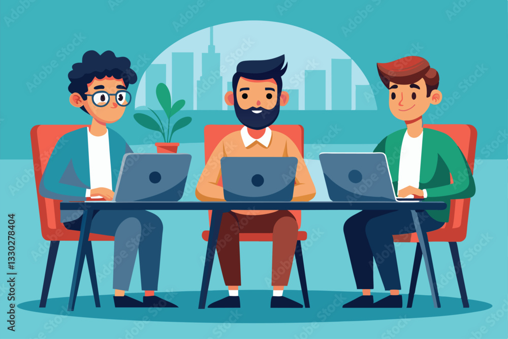 Poster three men engage in a productive discussion while working on laptops at a stylish table indoors, thr