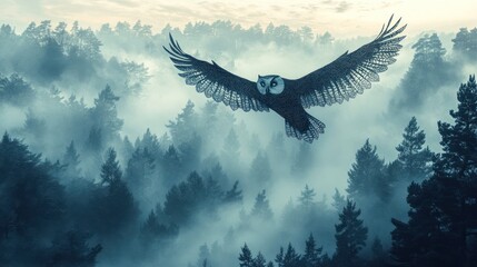 Obraz premium Mystical paper cut illustration of a magical owl flying through a foggy forest