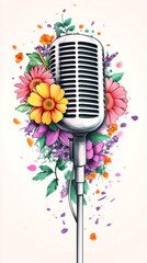 Fototapeta premium Silver vintage microphone surrounded by colorful flowers, petals and leaves, evoking music, nature and spring