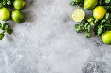 Fresh Limes and Mint Leaves on Gray Background for Refreshing Flavors