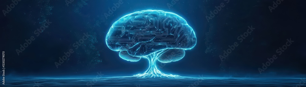 Poster futuristic artificial intelligence brain concept with biomechanical elements on dark background