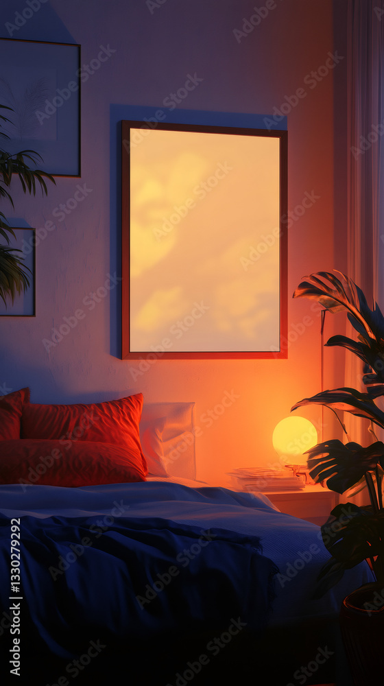 Aufkleber Empty bed in a cozy bedroom illuminated by a warm sunset light projecting on a wall art canvas, creating a relaxing and inviting atmosphere