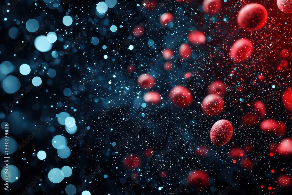Poster artistic representation of biological concepts with red and blue dots on dark background