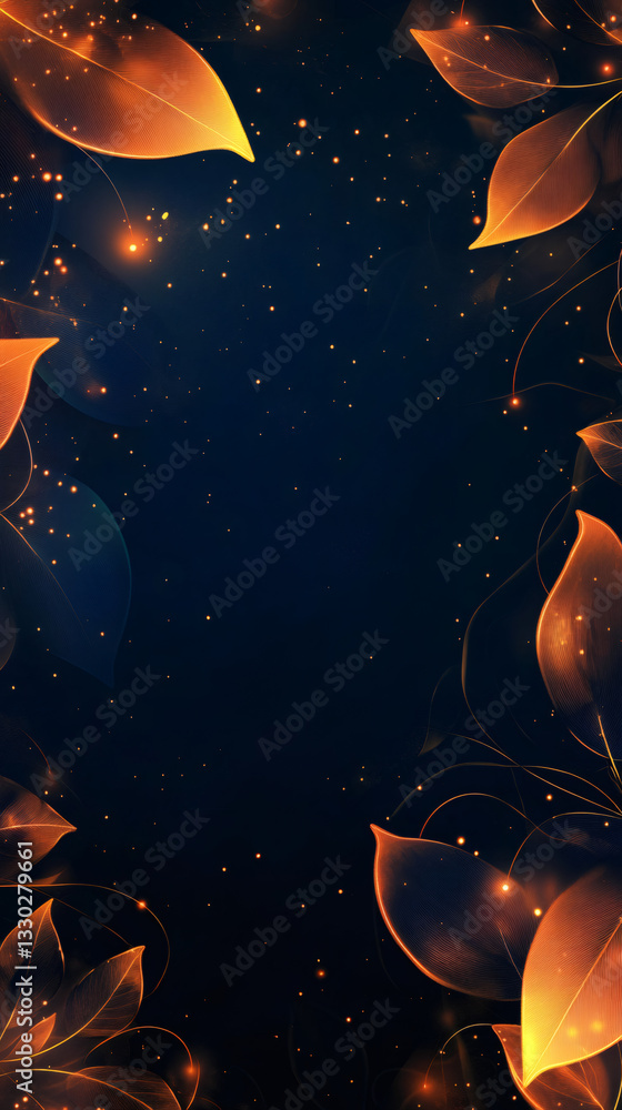 Aufkleber Elegant golden leaves with glowing veins creating a decorative frame on a dark, sparkling background