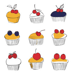 Illustration set of cakes with berries in Continuous line drawing style