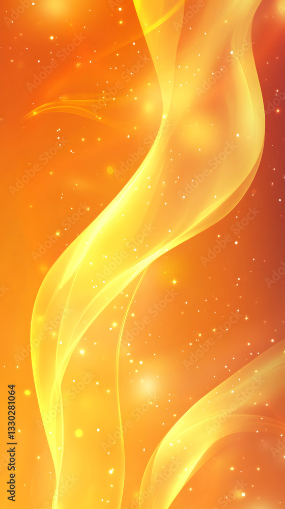 Poster Golden waves rippling, shimmering particles dancing across orange gradient, generating dynamic digital luminescence