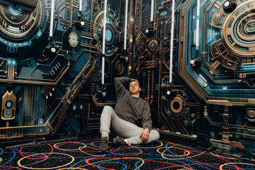 The player rests on the floor of the escape room, looking at the neon panels and technological...