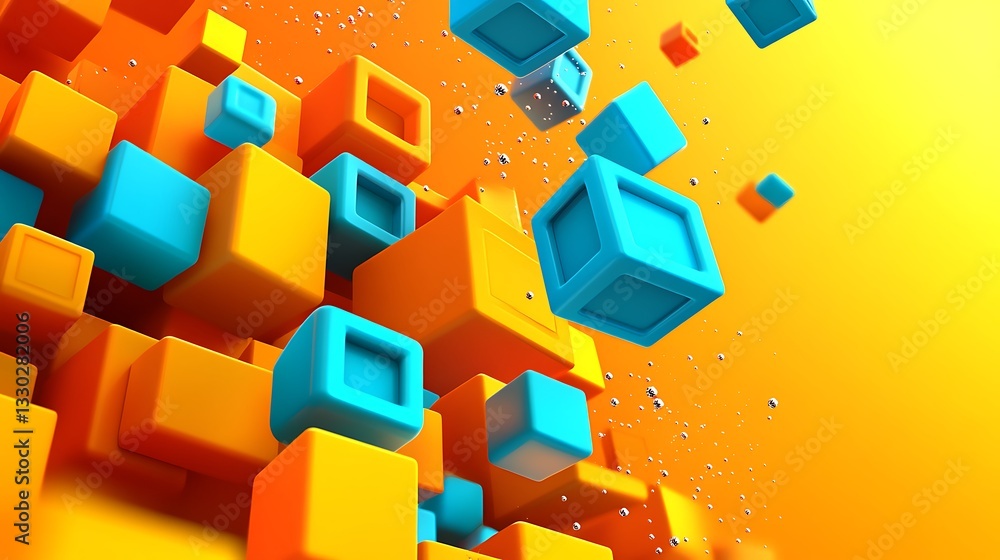 Poster colored cubic shapes floating in space with an orange background
